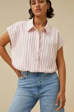 By bar Blouses*bieke linen stripe blouse | bubblegum